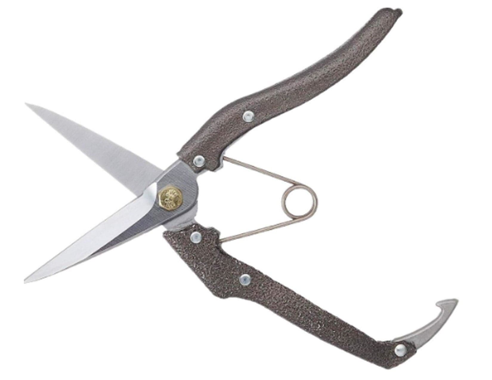 The MARU Pro 200 Megiri Bud Scissors feature sharp high-carbon steel blades, a central spring, a curved hook on the lower handle, and textured metal handles for grip—ideal for gardening or plant cutting.