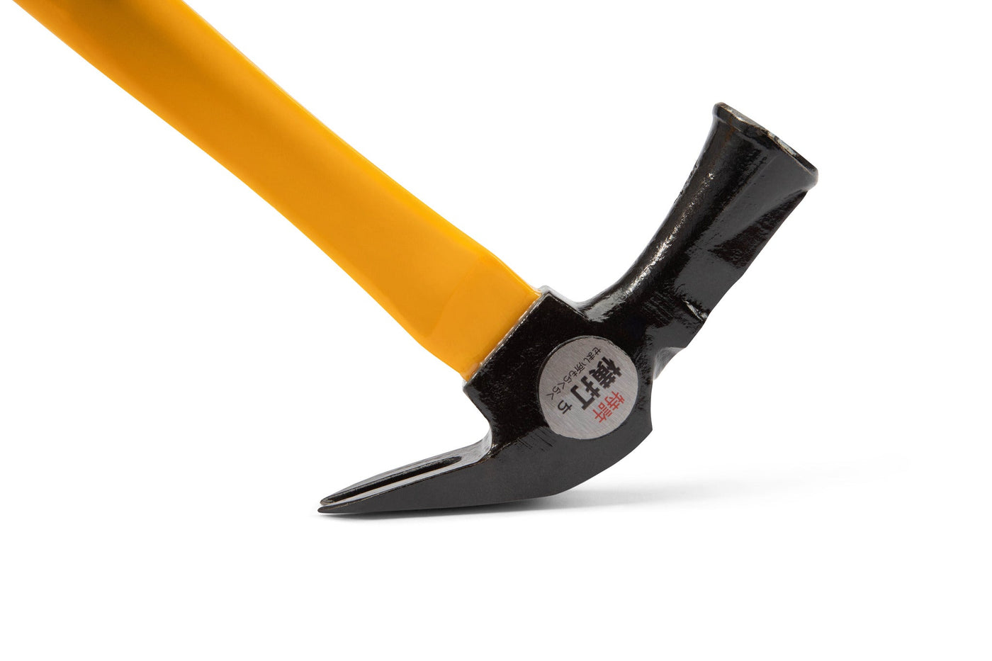 The MARU Dogyu Finish Hammer features a yellow, shock-absorbing fiberglass handle and a black metal head, designed for precise nail removal. Shown on its side against a white background.