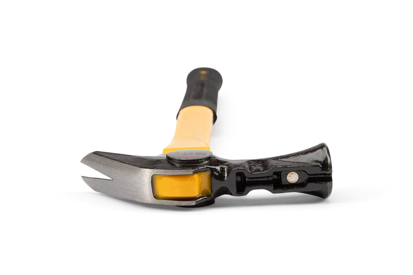 The MARU Dogyu Finish Hammer, featuring a yellow and black shock-absorbing fiberglass handle and a metal head with a precise claw, rests on a white surface.
