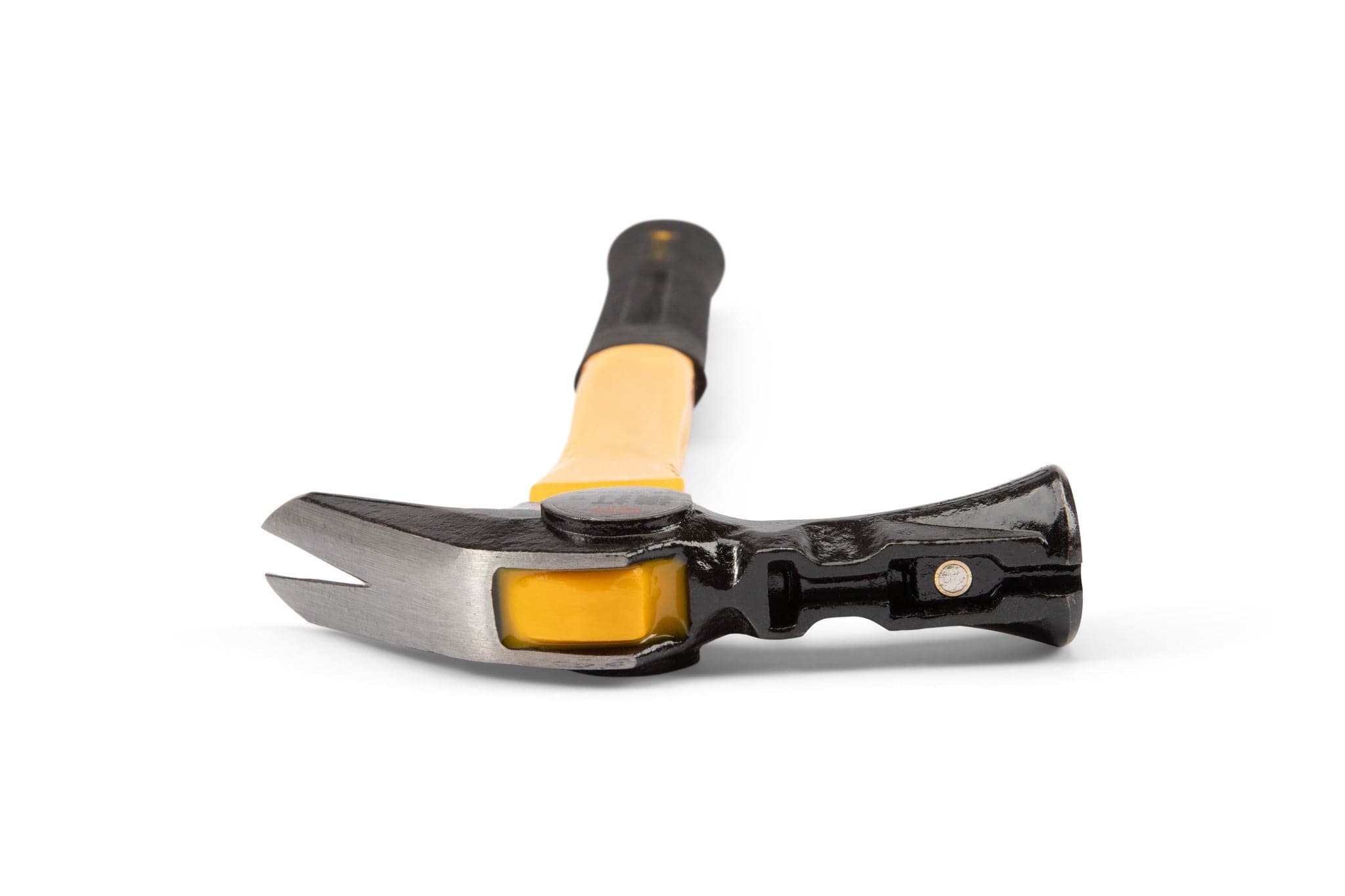 The MARU Dogyu Finish Hammer, featuring a yellow and black shock-absorbing fiberglass handle and a metal head with a precise claw, rests on a white surface.