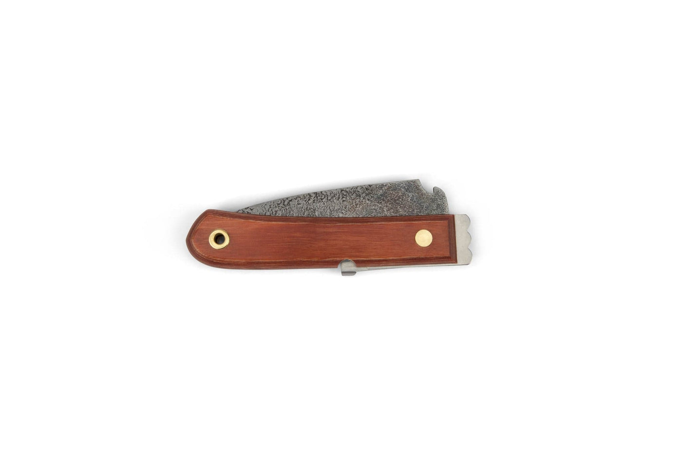 The MARU Japanese Folding Marking Knife features a wooden handle with metal accents and a blue steel blade, shown closed against a plain white background.