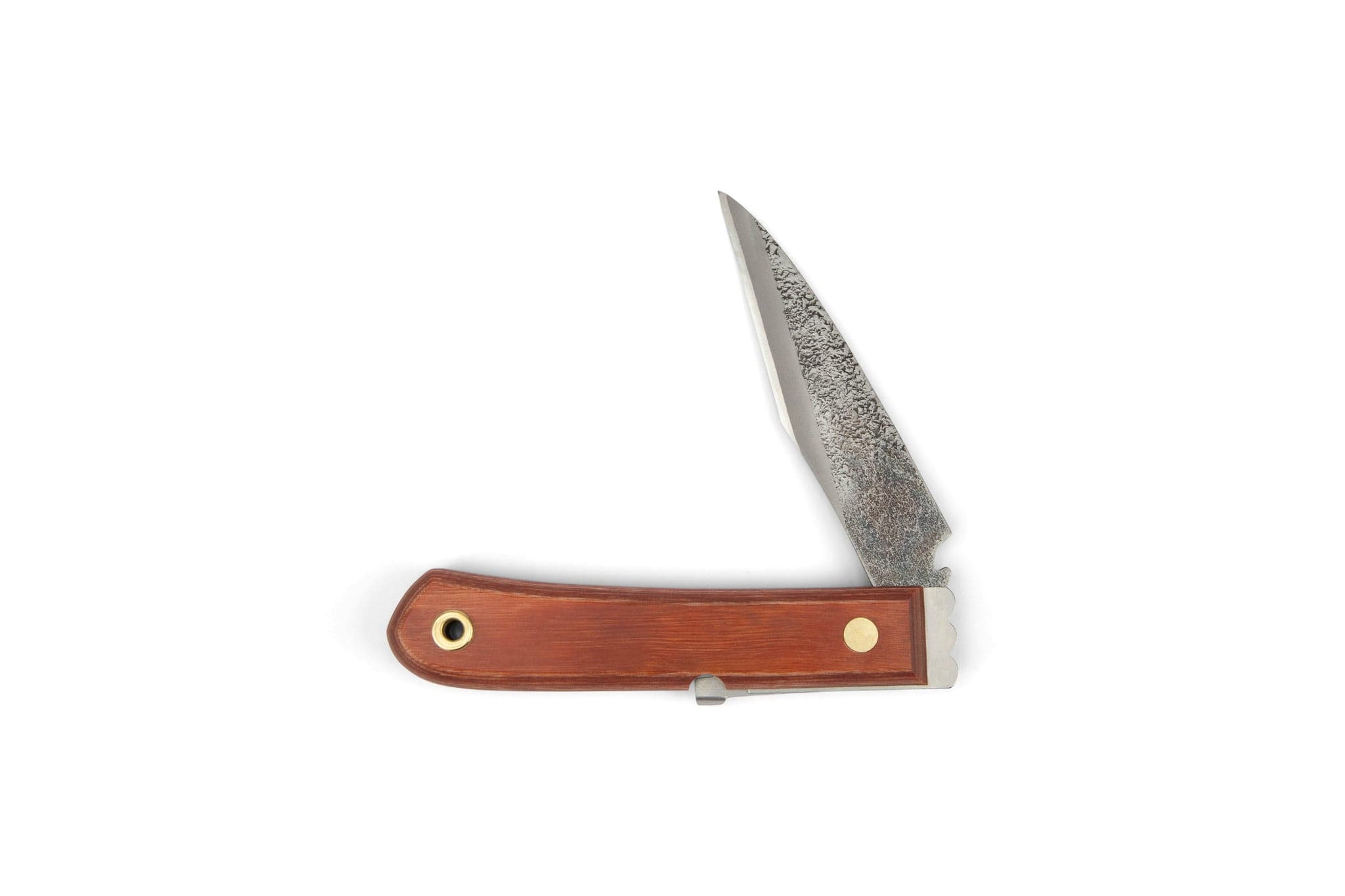 The MARU Japanese Folding Marking Knife, featuring a wooden handle and a textured, partially open blue steel blade, is shown on a white background—perfect for precision woodworking marking.