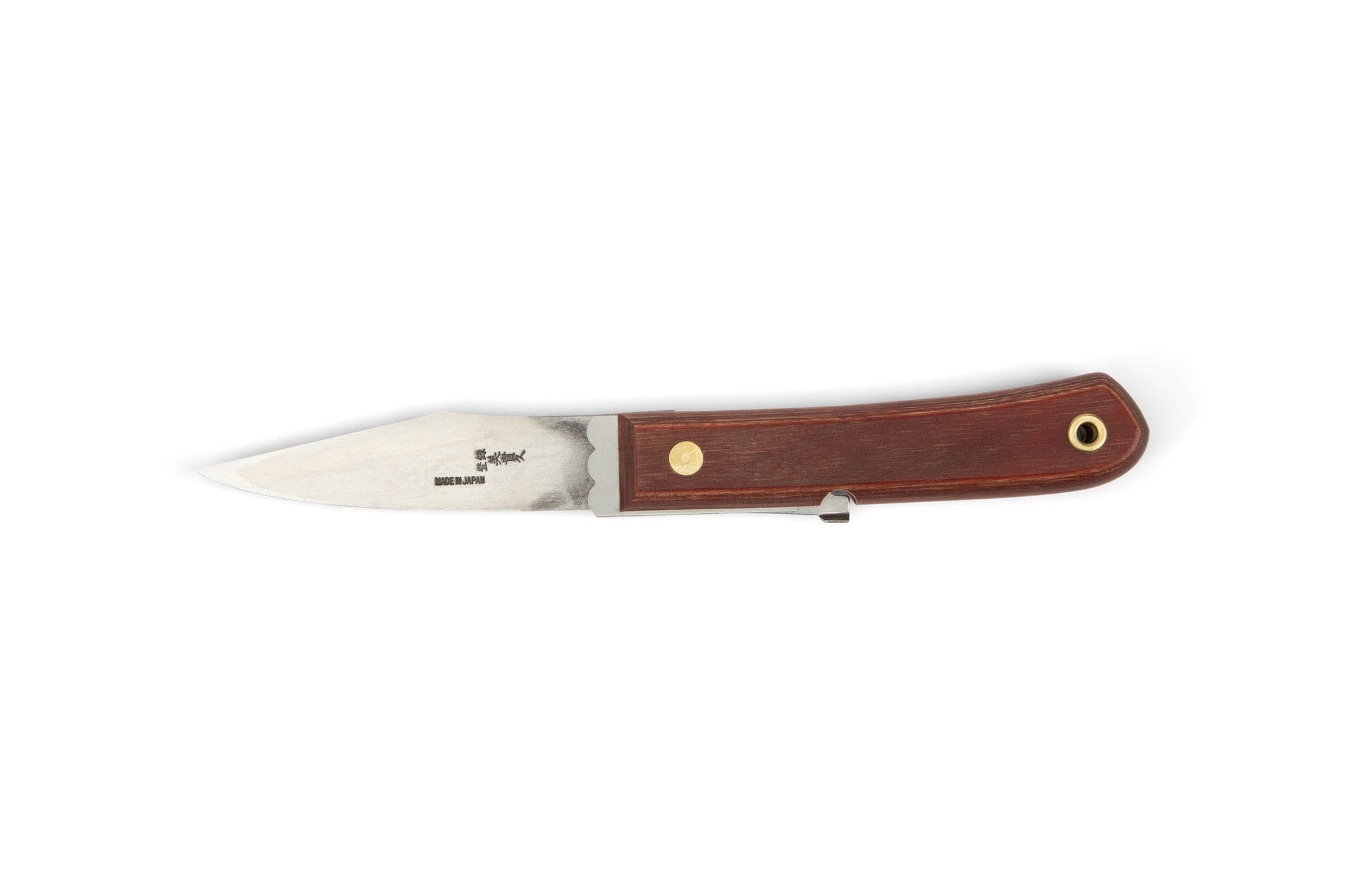 The MARU Japanese Folding Marking Knife features a blue steel blade with text and a logo, a brown wooden handle, brass rivet, lanyard hole, and offers compact folding convenience for woodworking tasks.