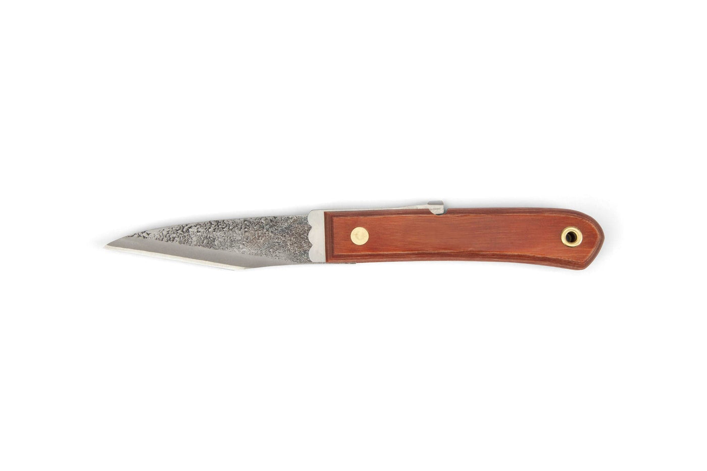 The MARU Japanese Folding Marking Knife features a blue steel blade, wooden handle, brass pivot, and lanyard hole. Shown open against a white background, it’s ideal for precise woodworking marking tasks.