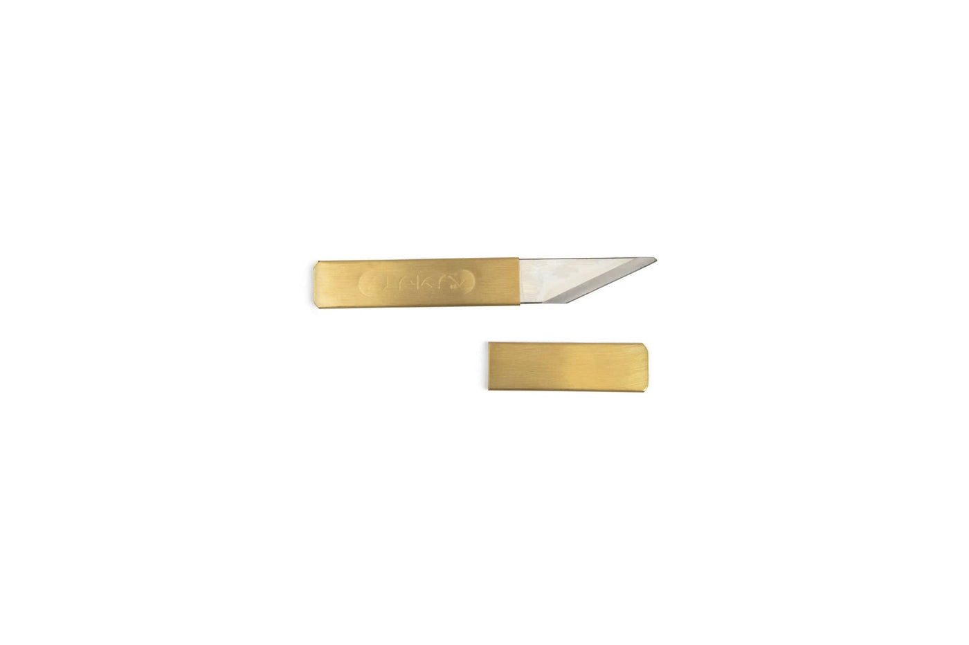 The MARU Japanese Kasaya Marking Knife, crafted for precision woodworking, features a sharp silver blade with a matching brass cover, showcased on a white background.