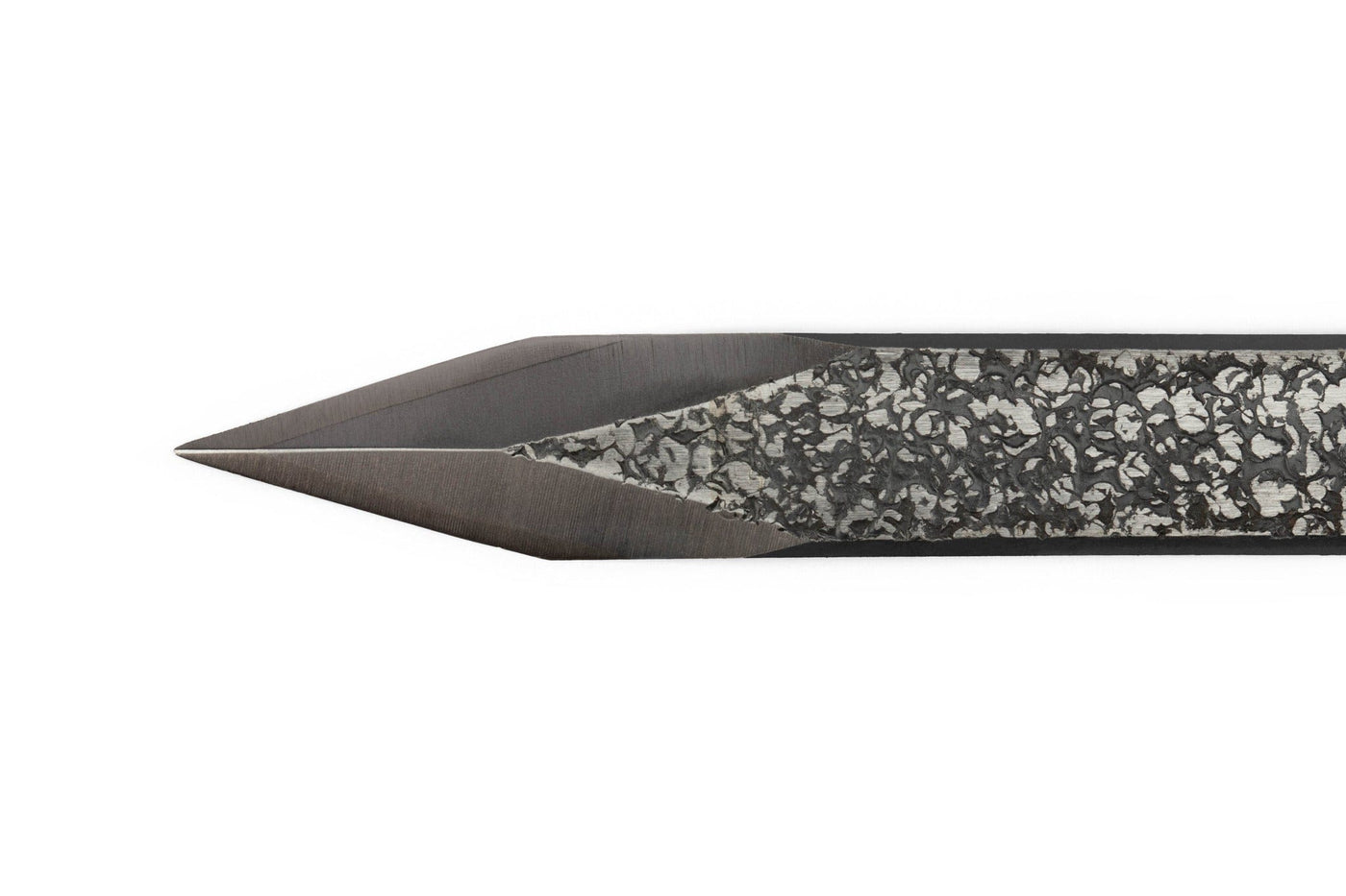 A close-up of the MARU Japanese Kensaki Marking Knife features a chisel-shaped, textured metal blade with a sharp, pointed tip crafted from Aogami blue steel.