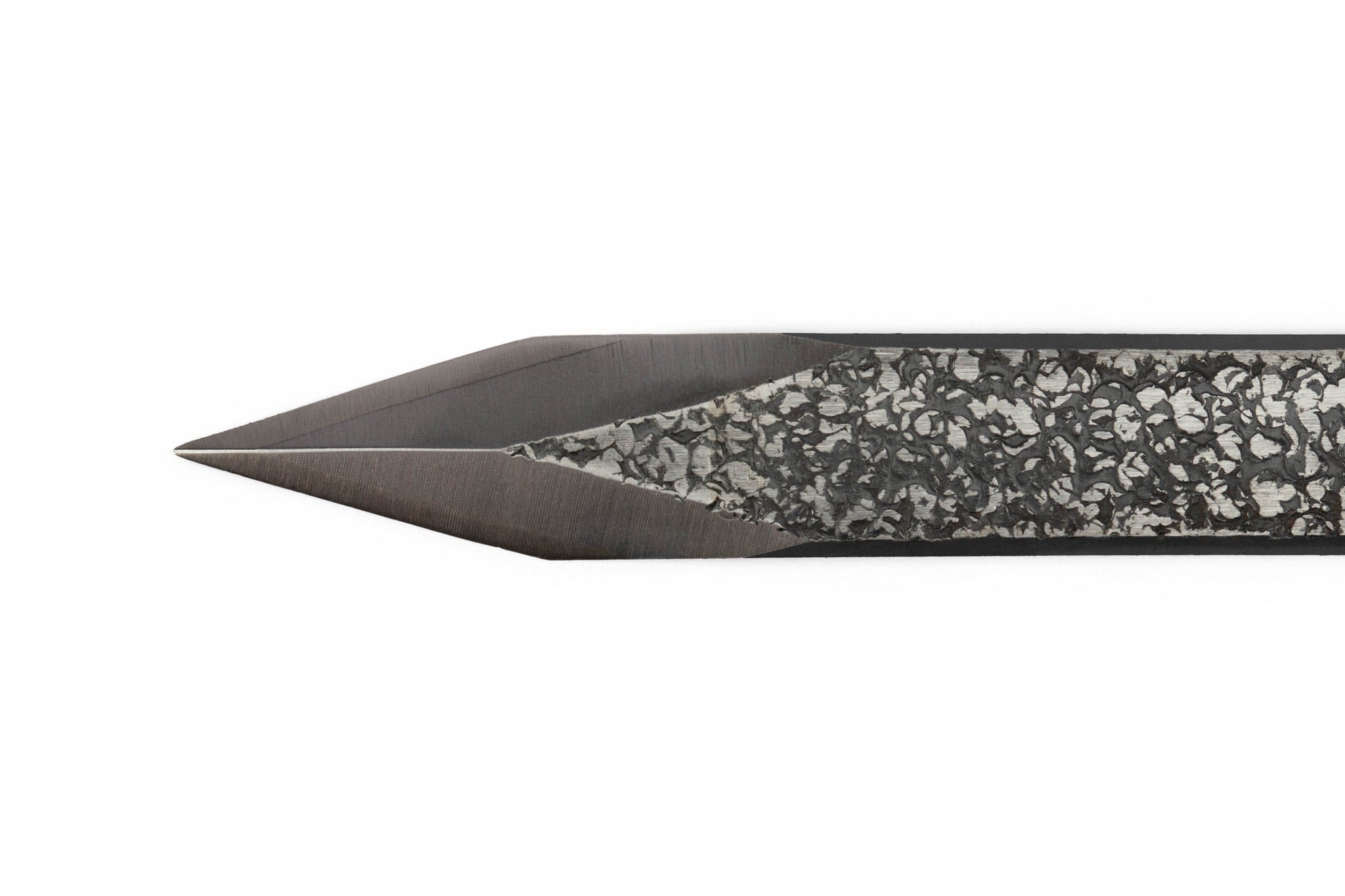 A close-up of the MARU Japanese Kensaki Marking Knife features a chisel-shaped, textured metal blade with a sharp, pointed tip crafted from Aogami blue steel.