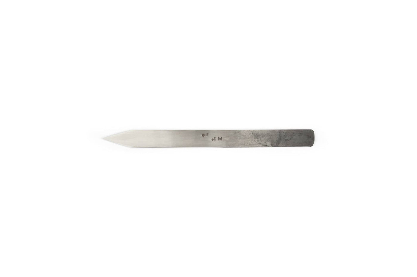The MARU Japanese Kensaki Marking Knife, shown on a white background, features a flat metal blade with one pointed and one blunt end. Its aged, tarnished surface displays the patina typical of a well-used marking tool.