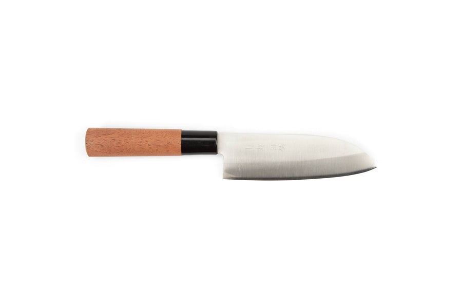 The MARU Japanese Kitchen Knife features a wide stainless steel blade and a red oak wooden handle, displayed on a plain white background.