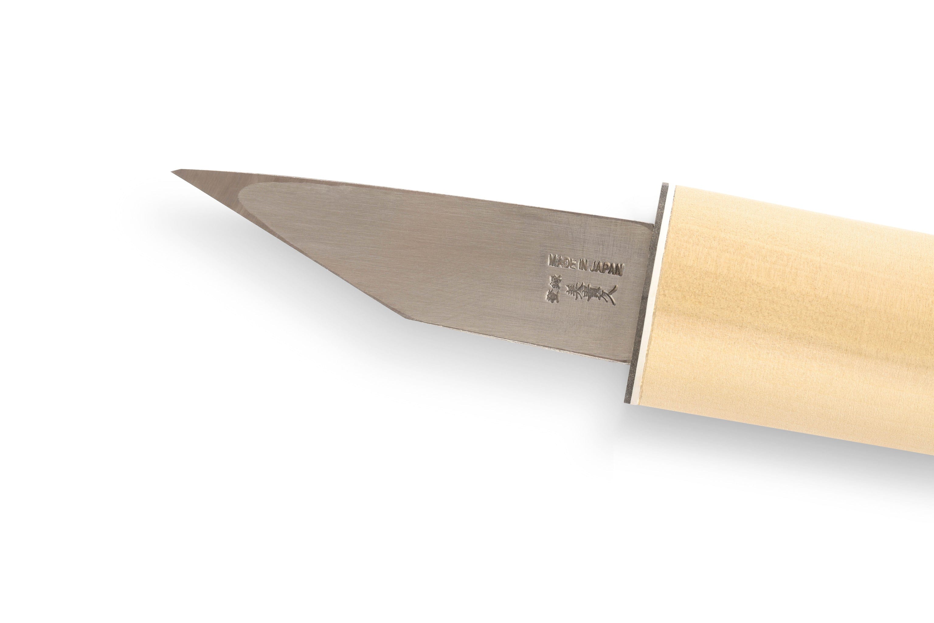 A detailed view of the MARU Japanese Marking Knife, with a single bevel edge and pointed tip. The light-colored wooden handle enhances precision in woodworking, and the blade has a stamped marking near its base. Suitable for right and left-handed users.