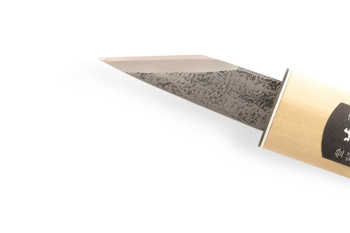 Close-up of the MARU Japanese Marking Knife, showcasing its textured blade with a single bevel edge for woodworking precision and a wooden handle. Suitable for right and left-handed users.