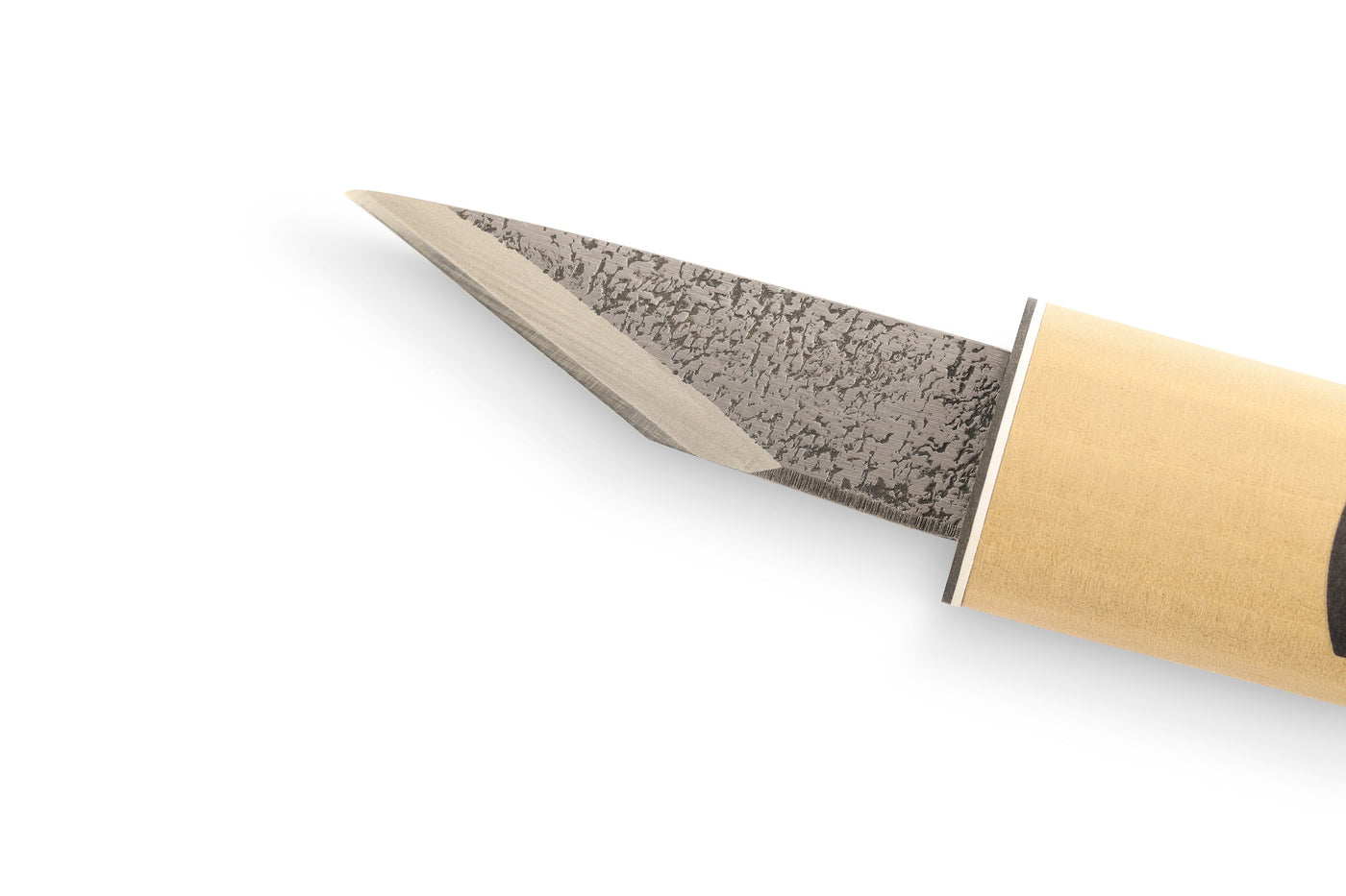 A close-up of the MARU Japanese Marking Knife, featuring a patterned sharp blade with a single bevel edge, sits diagonally on a white background. The light wooden handle complements its elegance, ideal for precision in right and left-handed woodworking tasks.