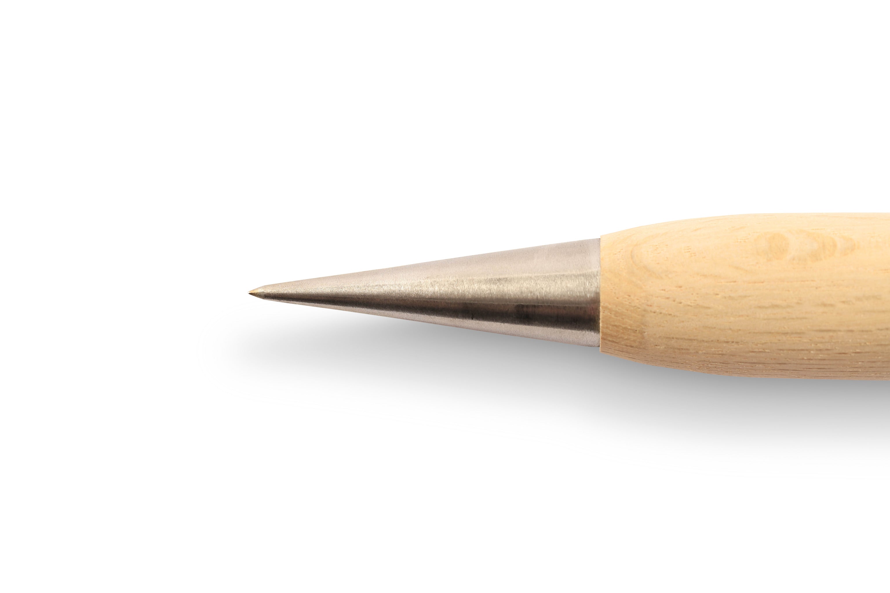 Close-up of a MARU brand Socket Awl featuring a wooden handle and silver casing against a plain white background, showcasing precision akin to fine tool steel.