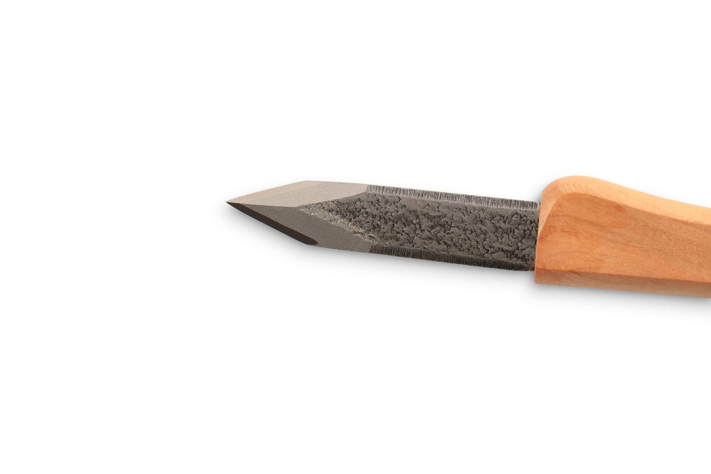 Close-up of an Ikeuti Japanese Marking Knife by MARU, crafted with laminated steel, featuring a textured metal blade and a smooth wooden handle, isolated on a white background.