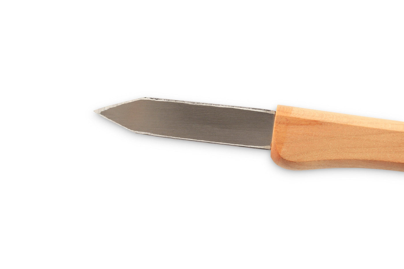 Close-up of an Ikeuti Japanese Marking Knife by MARU, showcasing a silver, pointed laminated steel blade and wooden handle against a white background.