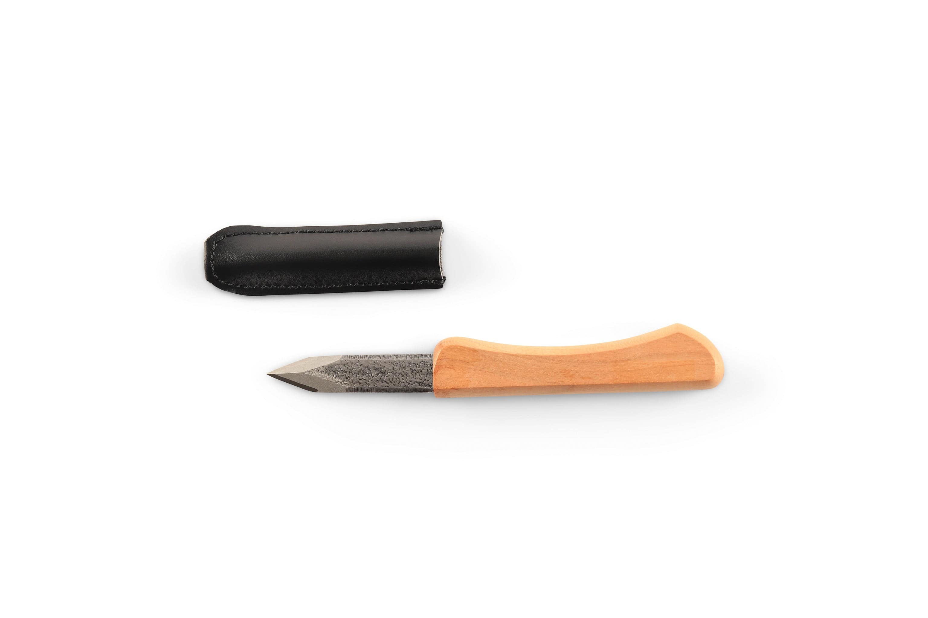 Next to a black leather sheath on a white background lies the Ikeuti Japanese Marking Knife by MARU, featuring a wooden handle and crafted from laminated steel.