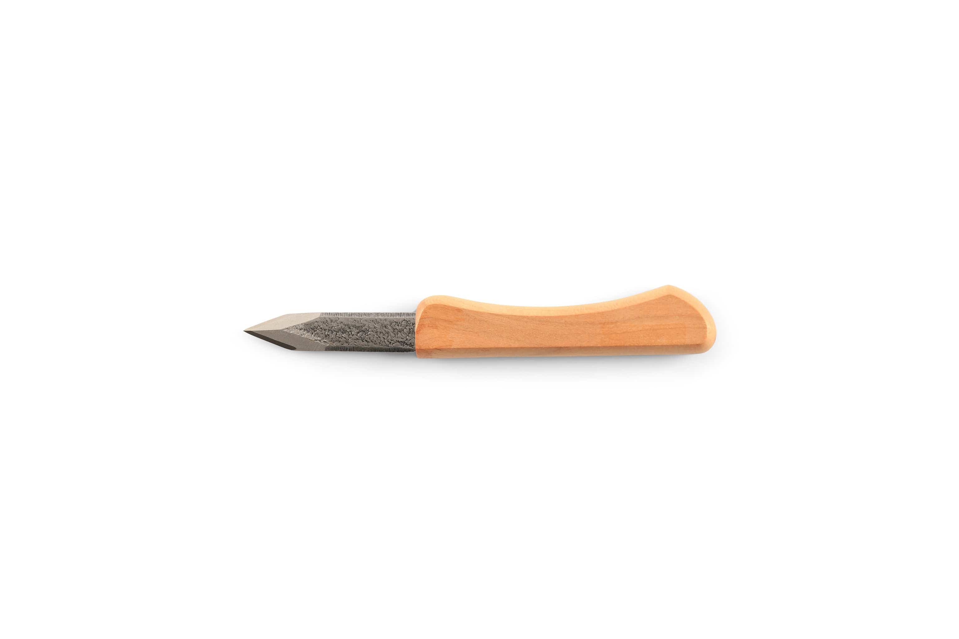 The MARU Ikeuti Japanese Marking Knife, featuring a wood handle and short, pointed laminated steel blade, is displayed horizontally on a plain white background.