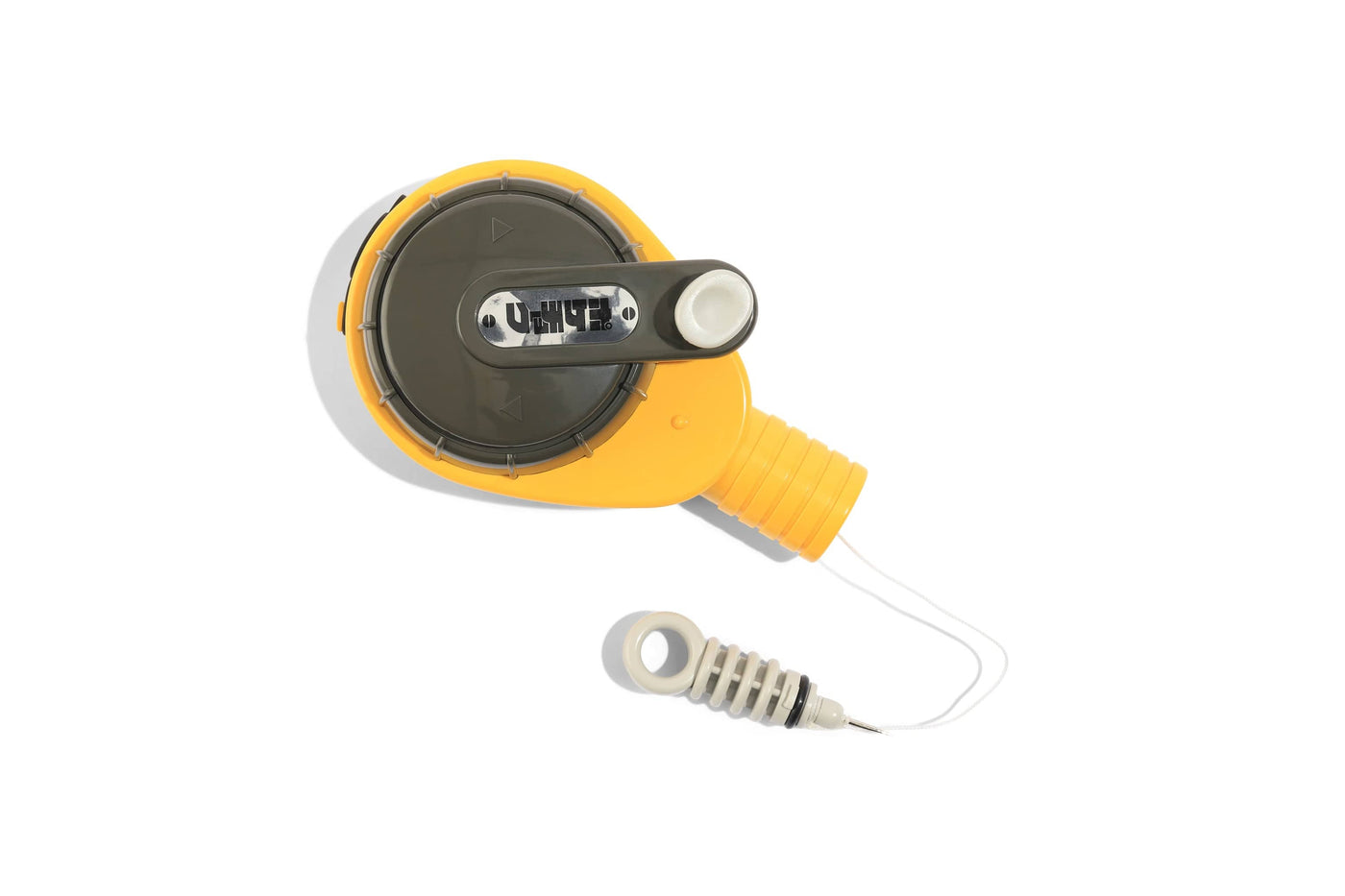 The MARU Takumi Japanese Speedy Pocket Chalkline features a yellow tape with a black circular casing, durable resin body, retractable mechanism, and looped grip handle set against a white backdrop.