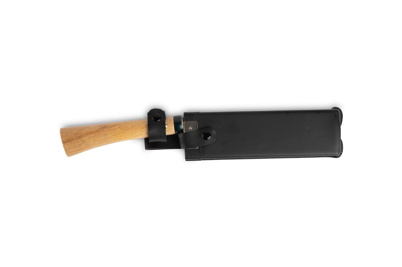 The MARU Japanese Gardening Machete, with a wooden handle showcasing traditional craftsmanship, is partially visible in its black leather cover against a plain white background.