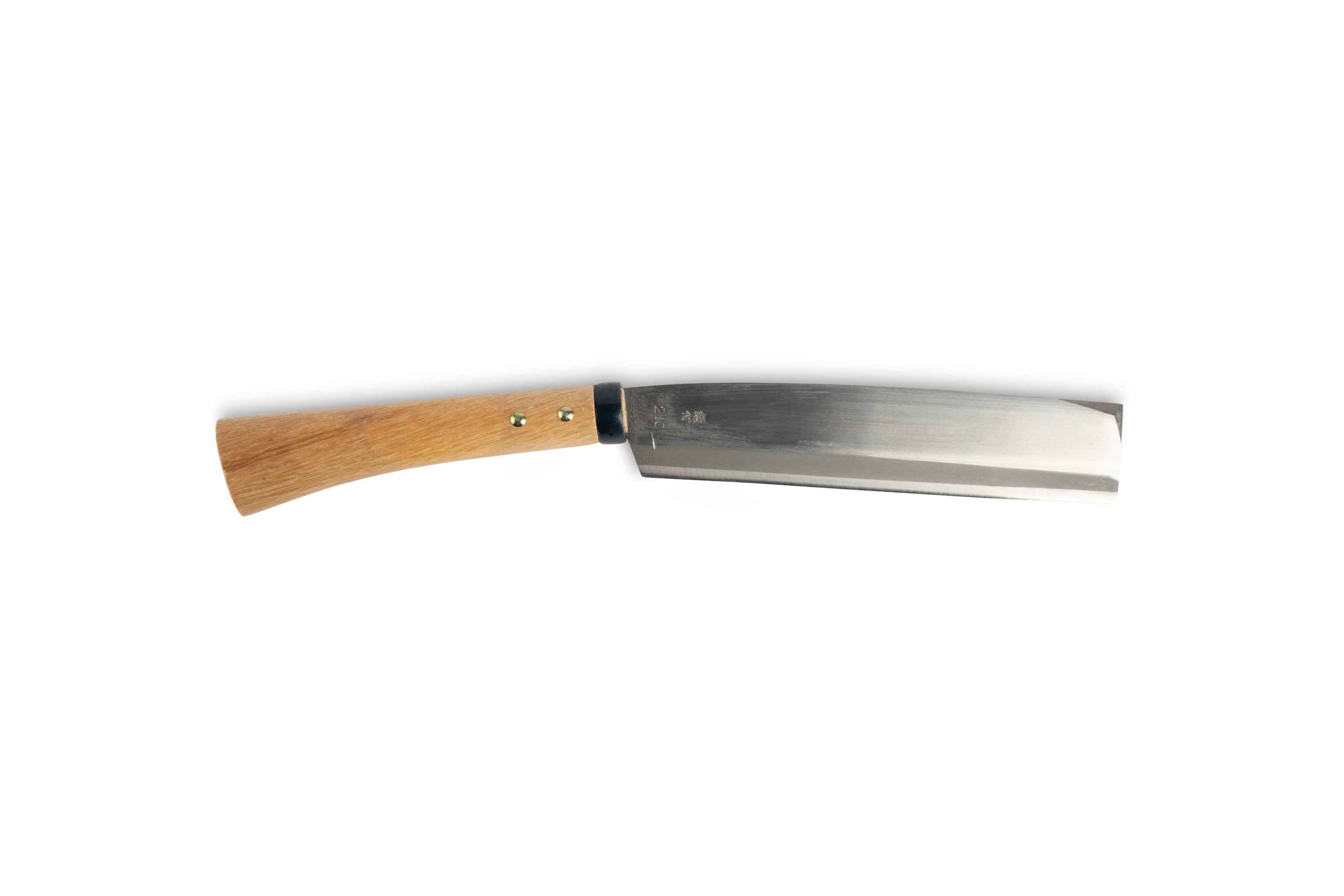 The MARU Japanese Gardening Machete features a wide, rectangular stainless steel blade and a wooden handle, reflecting traditional Japanese craftsmanship against a plain white backdrop.