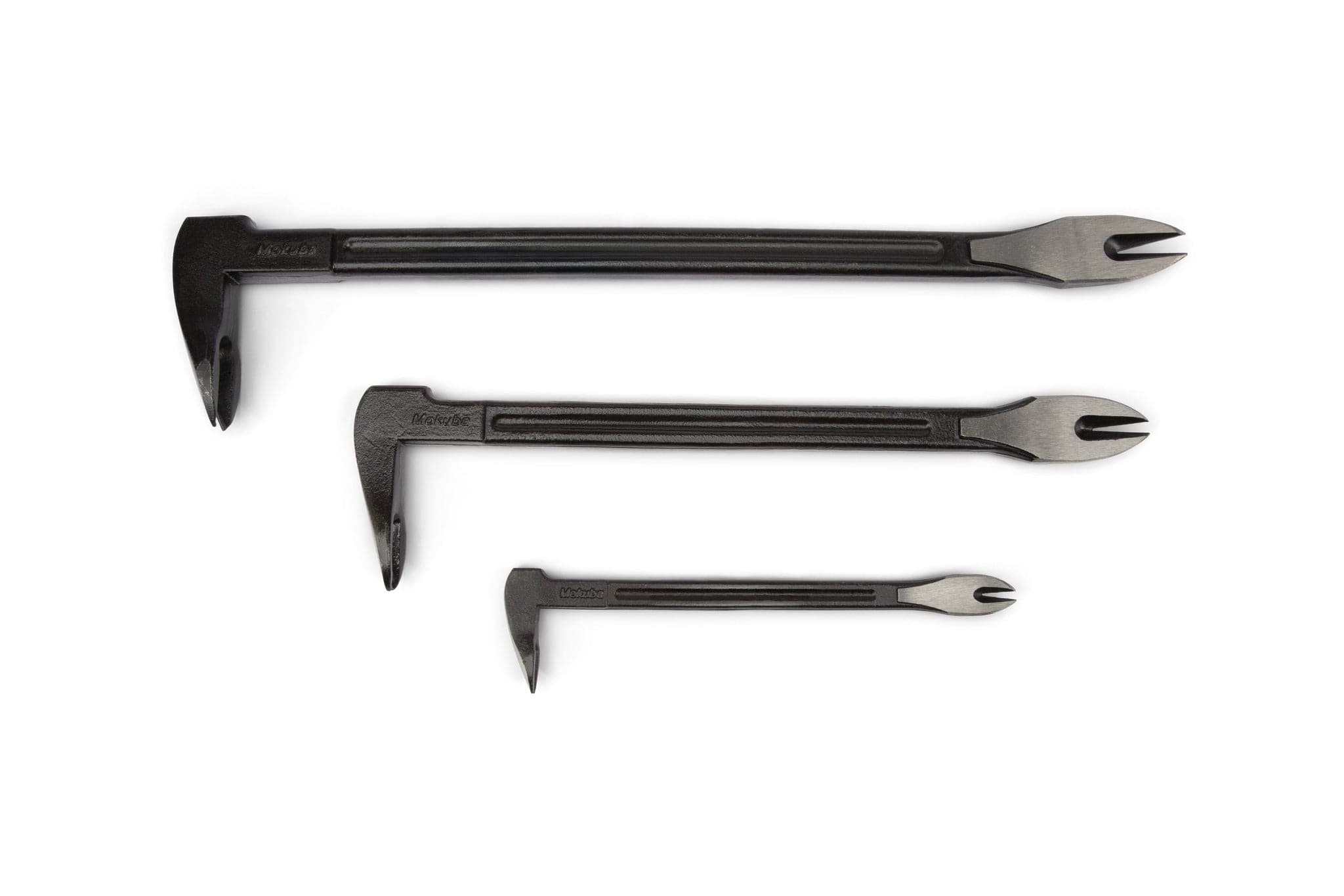 Three MARU Japanese Mokuba Cats Paw Nail Pullers in black are arranged parallel on a white background, with their claw ends facing left and forked tips to the right.