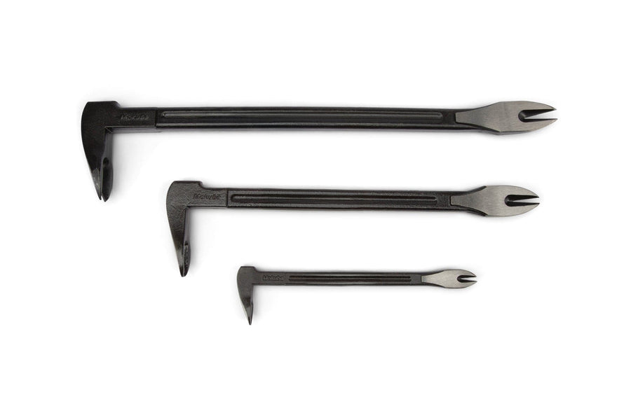 Three MARU Japanese Mokuba Cats Paw Nail Pullers in black are arranged parallel on a white background, with their claw ends facing left and forked tips to the right.