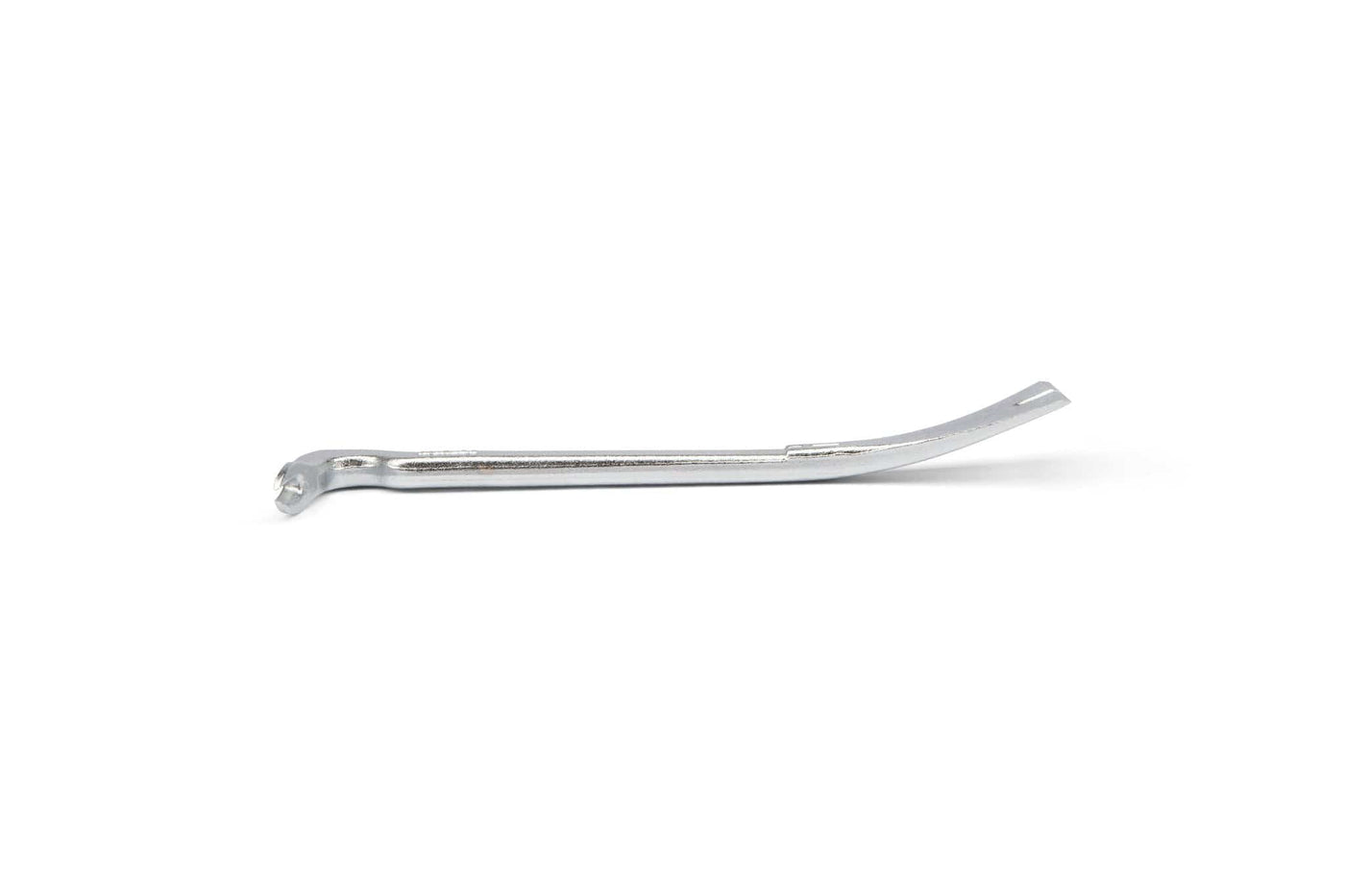 The MARU Japanese Mokuba Catspaw Flat Tail is a silver metal tool with a slightly curved shape, flat on one end and hooked like a prybar on the other, designed for removing bicycle tires from wheels.