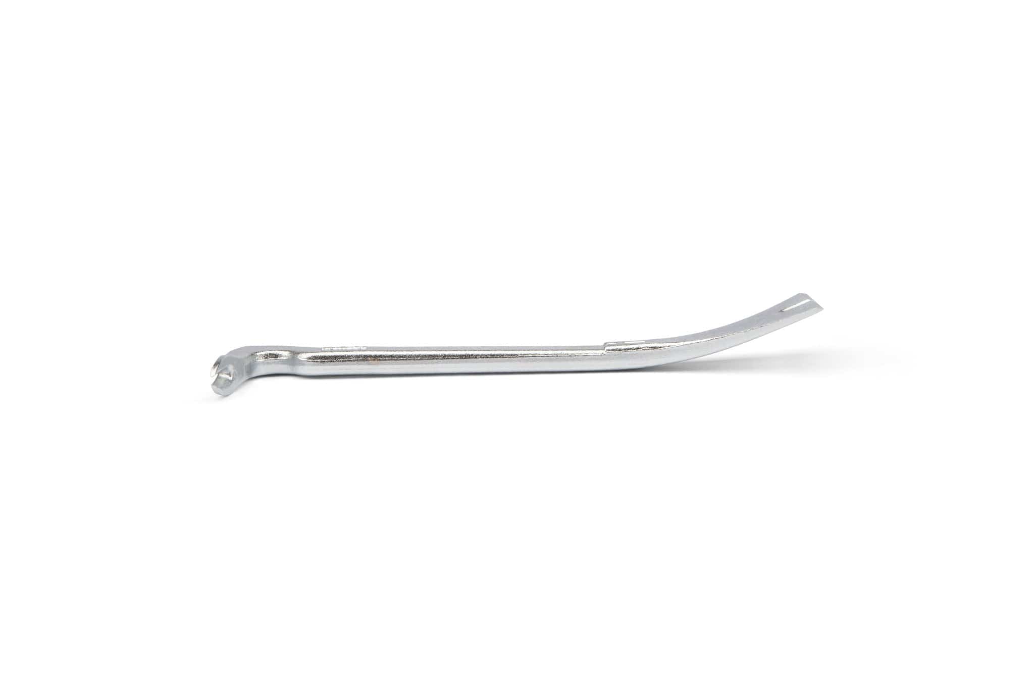 The MARU Japanese Mokuba Catspaw Flat Tail is a silver metal tool with a slightly curved shape, flat on one end and hooked like a prybar on the other, designed for removing bicycle tires from wheels.