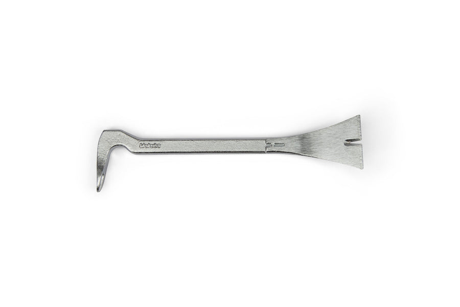 The MARU Japanese Mokuba Catspaw Flat Tail is a small metal prybar with a curved, forked end for nail removal and a wide, slotted chisel end—perfect for trim installation—shown on a white background.