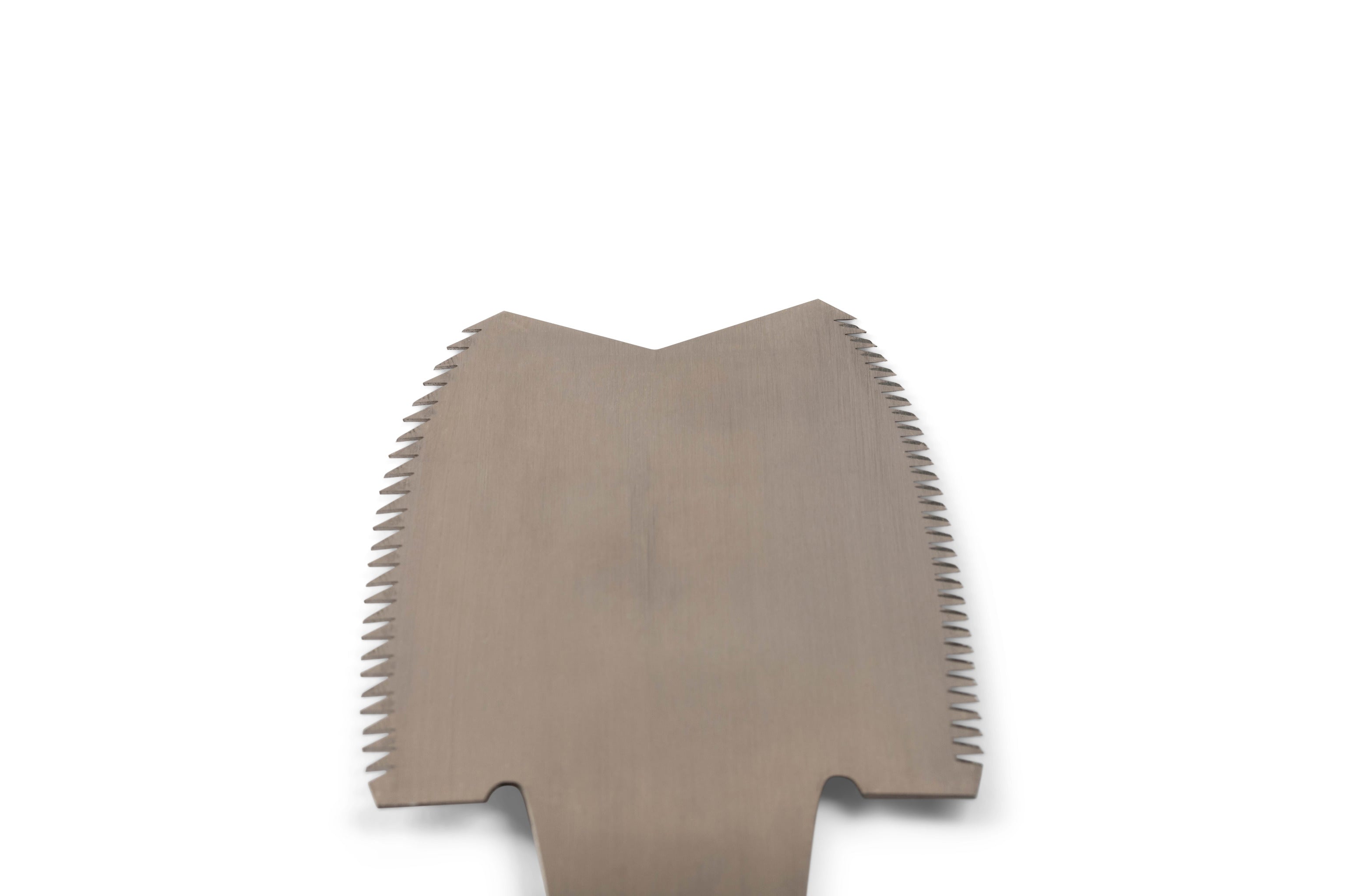 Close-up of the MARU Azebiki Japanese Hand Saw, featuring serrated edges and a V-shaped tip for precise woodworking, shown against a plain white background.