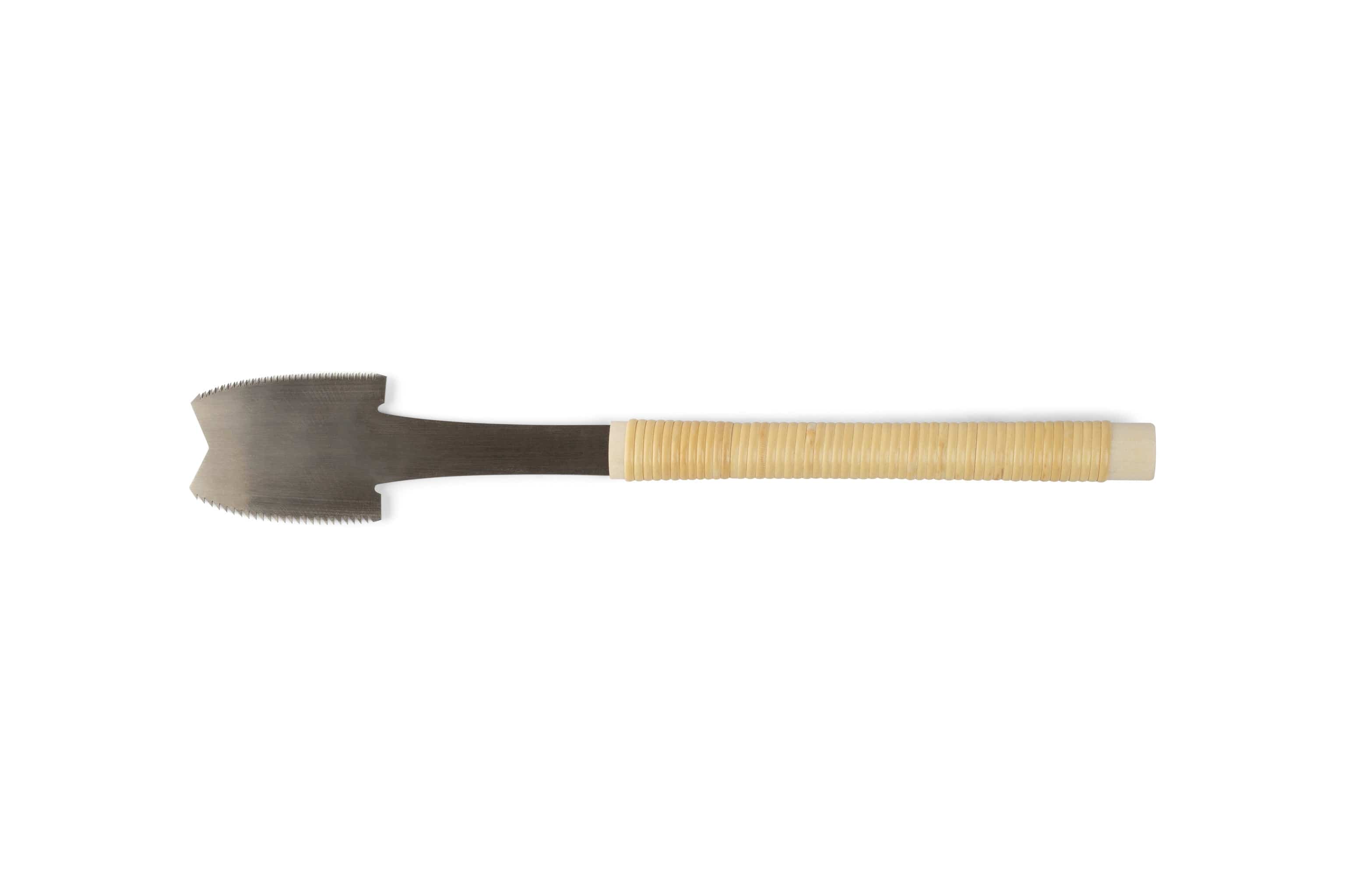 The MARU Azebiki Japanese Hand Saw, with a double-edged steel blade and a ribbed light wooden handle, is perfect for precise woodworking tasks and is shown isolated on a white background.