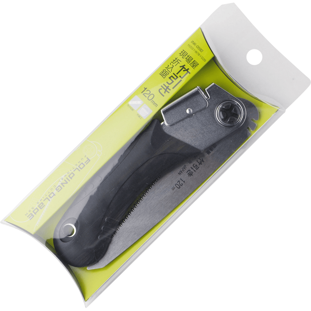 The Maru 6 Siblings Saw by INK showcases a high carbon steel blade and black handle with a yellow and white label, indicating its 120mm Japanese design. It features replaceable blades for versatile use.