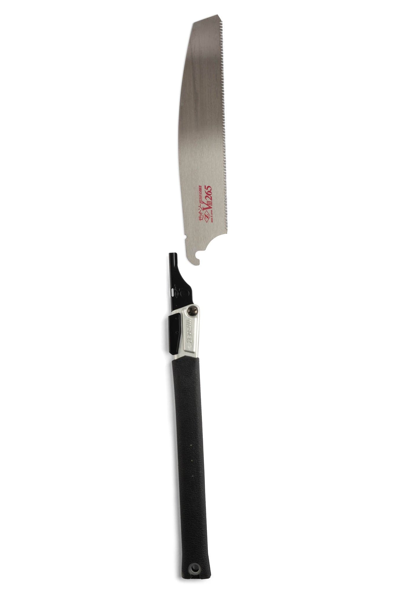 The MARU Z-Saw Folding Japanese Kataba Saw features a curved, fine-toothed, impulse-hardened blade and long black handle, ideal for precise garden trimming or woodworking.