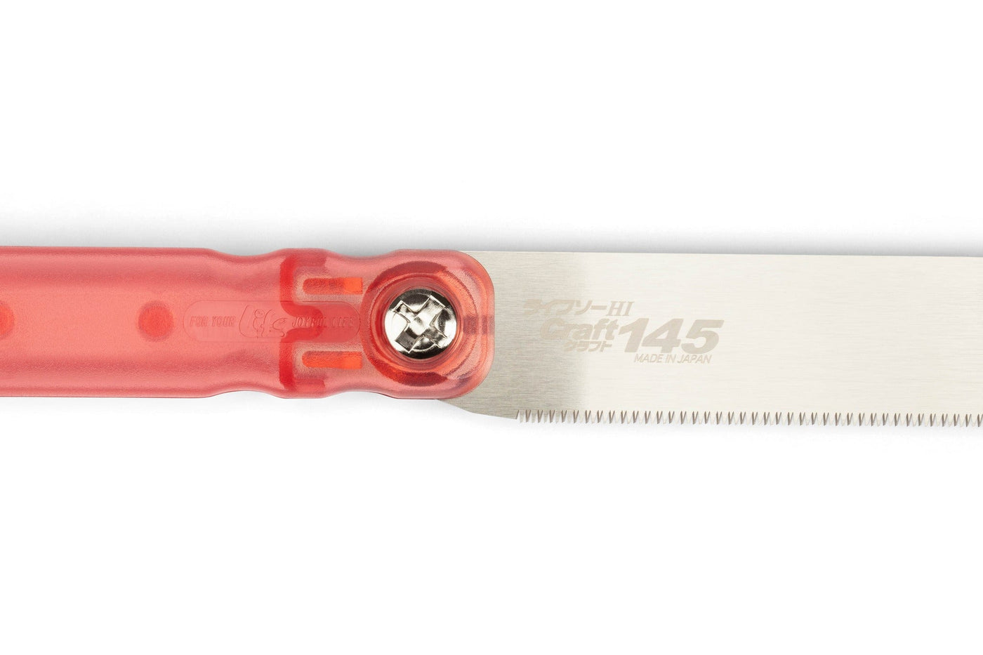 A close-up of the MARU Japanese Flush Cut Saw highlights its red plastic handle, ultra-thin silver blade with fine teeth, and 145 Made in Japan marking near the metal bolt attaching the blade to the handle.