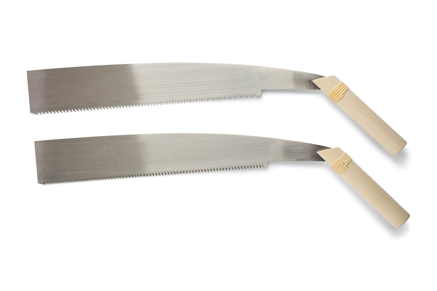 Two MARU Japanese Timber Saw Temagari Nokogiri with wooden handles and long, serrated blades are placed parallel on a white background—perfect for efficient woodworking or cutting large timbers.