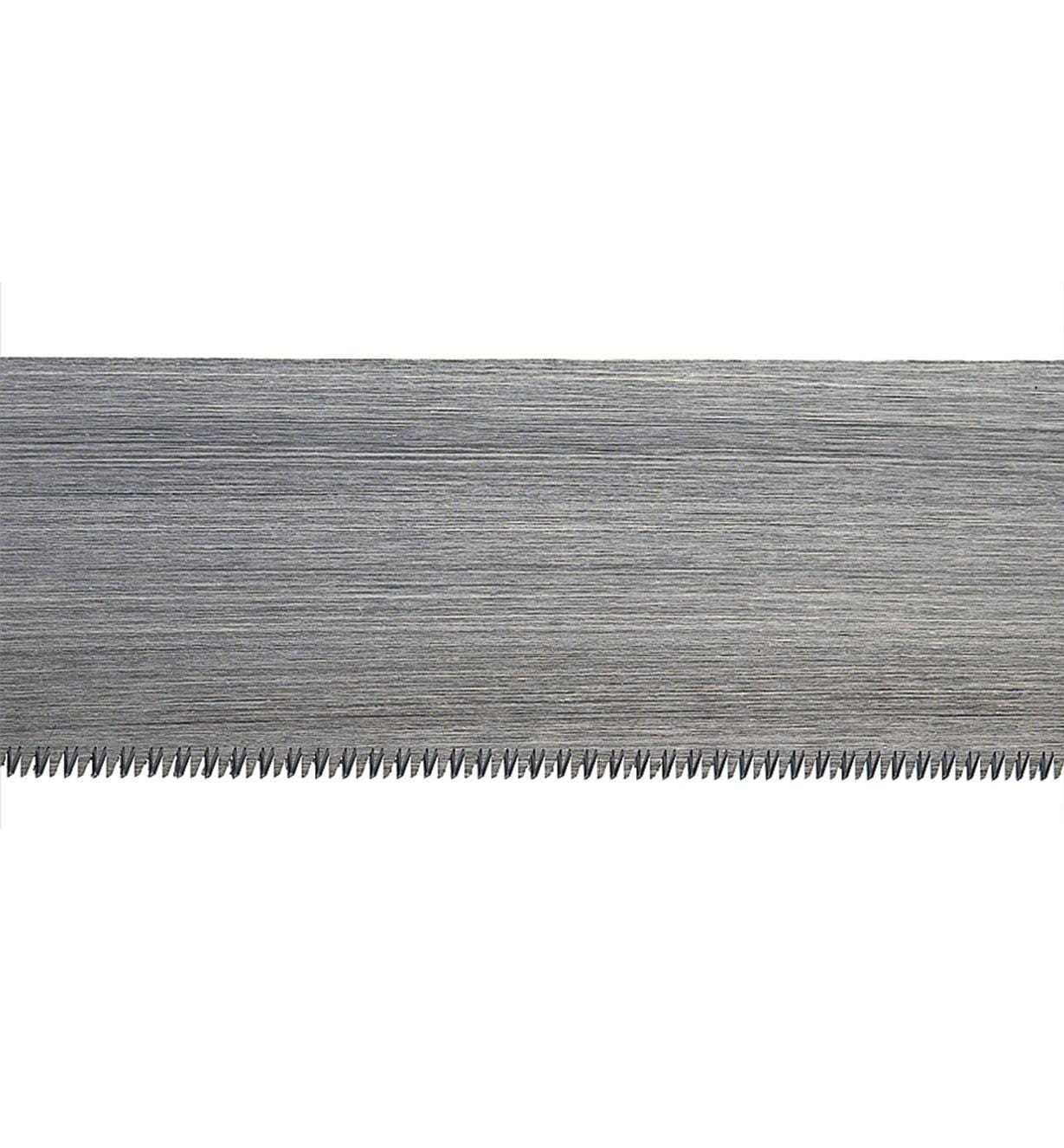 Close-up of a MARU Kugihiki Flush Saw blade, showcasing its perfectly aligned, sharp metal teeth.