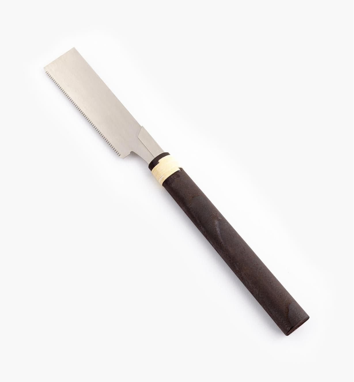 The MARU Kugihiki Flush Saw, with its dark wooden handle and sharp, thin blade, is designed for precise cutting and is an ideal Japanese tool for flush-trims.