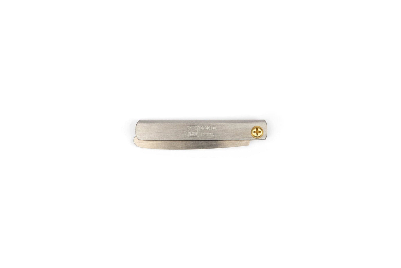 A closed MARU Miniature Japanese Folding Saw with a brass screw pivot, perfect for ultralight backpacking, lies horizontally on a plain white background.
