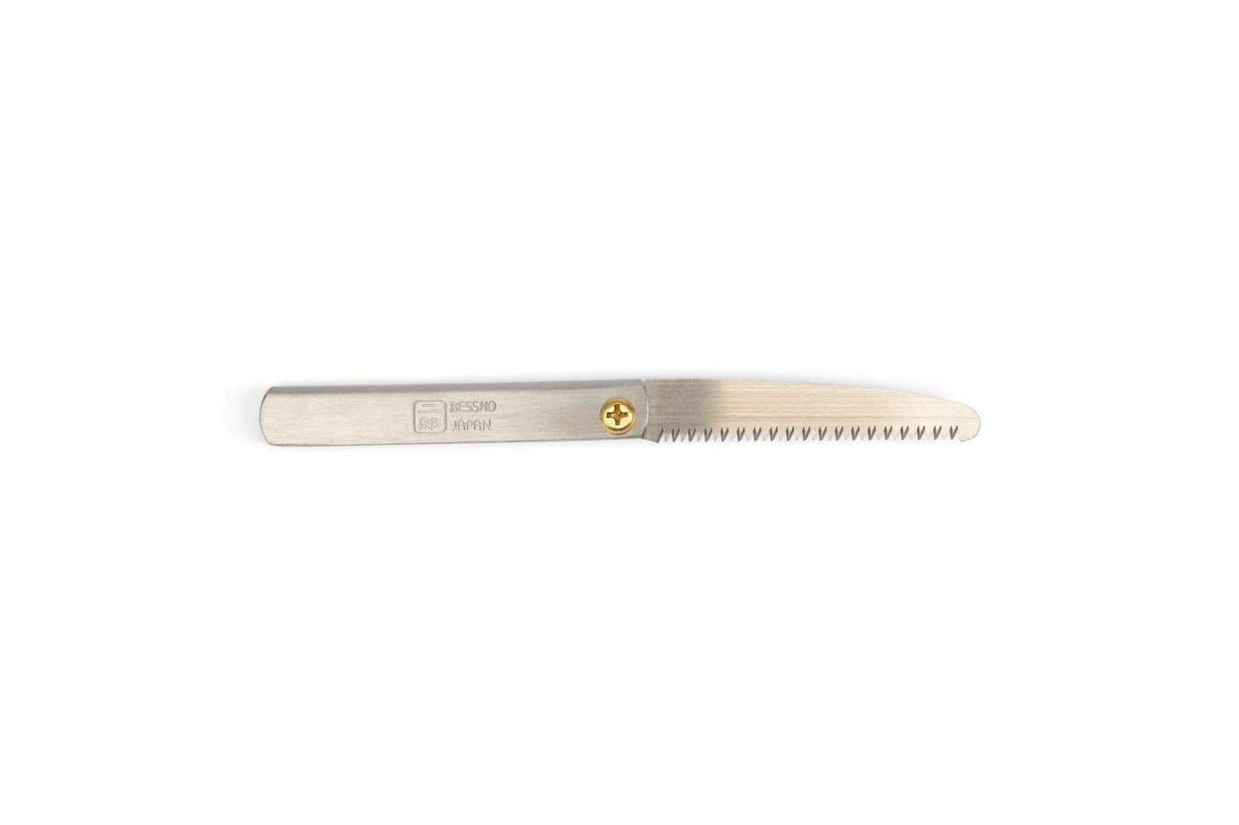 The MARU Miniature Japanese Folding Saw features a short handle, straight-edged jagged blade, metal body, brass pivot screw, and engraved handle—ideal for ultralight backpacking.