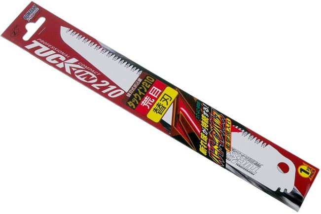 Packaging of the Z-Saw Tuck-In 210 folding saw blade by MARU, featuring a red, white, and black design with Japanese text and an image of the saw blade. Ideal for outdoor use and pruning tasks.