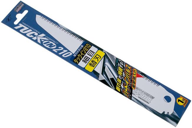 Close-up of a Z-Saw Tuck-In 210 professional folding saw blade in its packaging, featuring a serrated edge perfect for pruning and branding in both English and Japanese text under the MARU brand. Ideal for outdoor use.