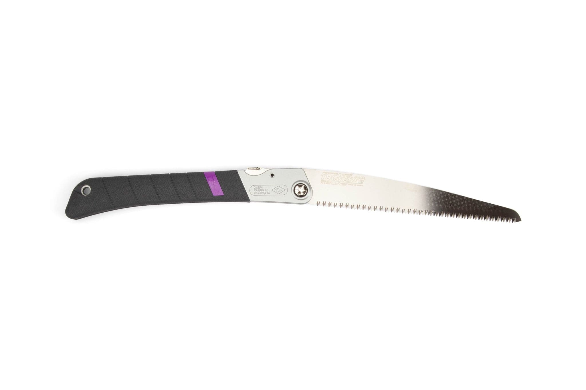 The MARU Z-Saw Tuck-In 240 features a black and purple handle with a securely screwed, silver serrated blade extended for efficient pruning tasks.