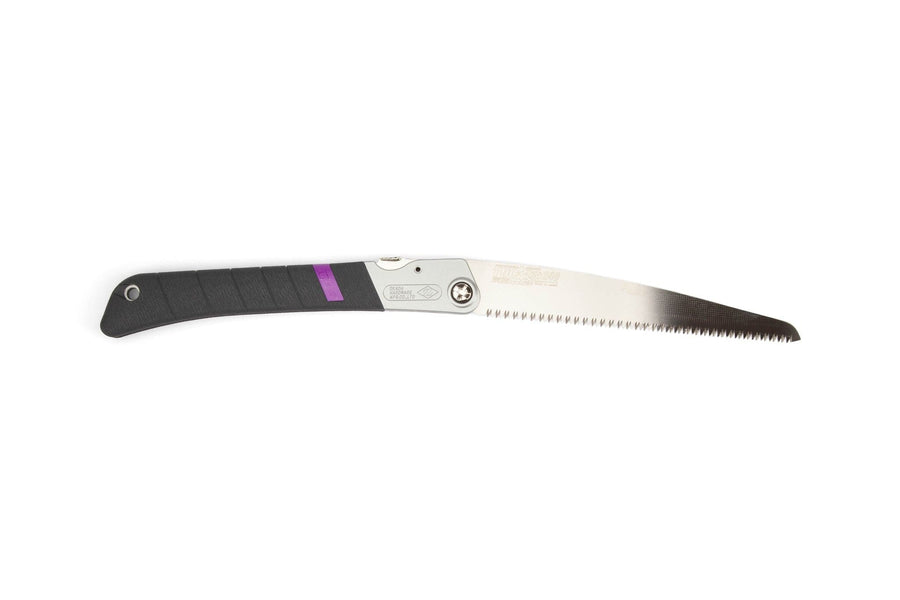 The MARU Z-Saw Tuck-In 240 features a black and purple handle with a securely screwed, silver serrated blade extended for efficient pruning tasks.
