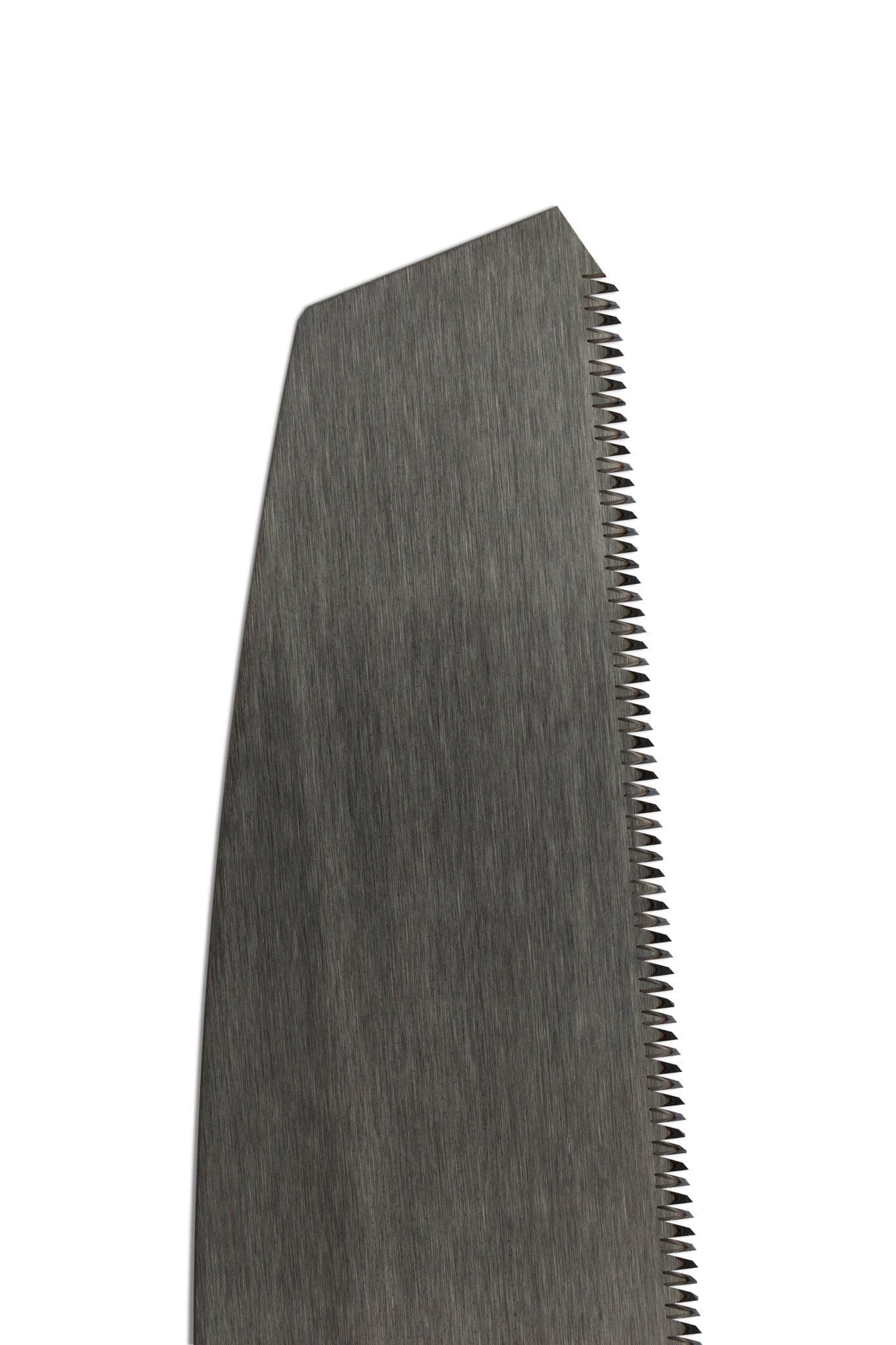 Close-up of the serrated edge of the MARU Z-Saw Folding Japanese Kataba Saw, showing its impulse-hardened teeth along one side against a white background.