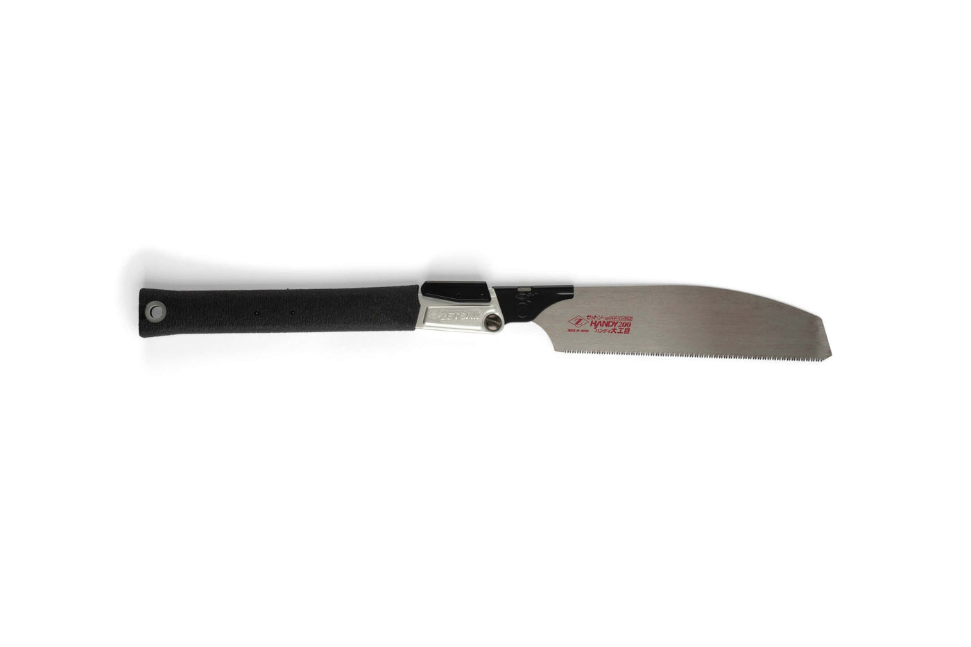 The MARU Z-Saw Folding Japanese Kataba Saw features a black handle and a thin, straight blade with impulse-hardened teeth, shown lying flat on a white background.