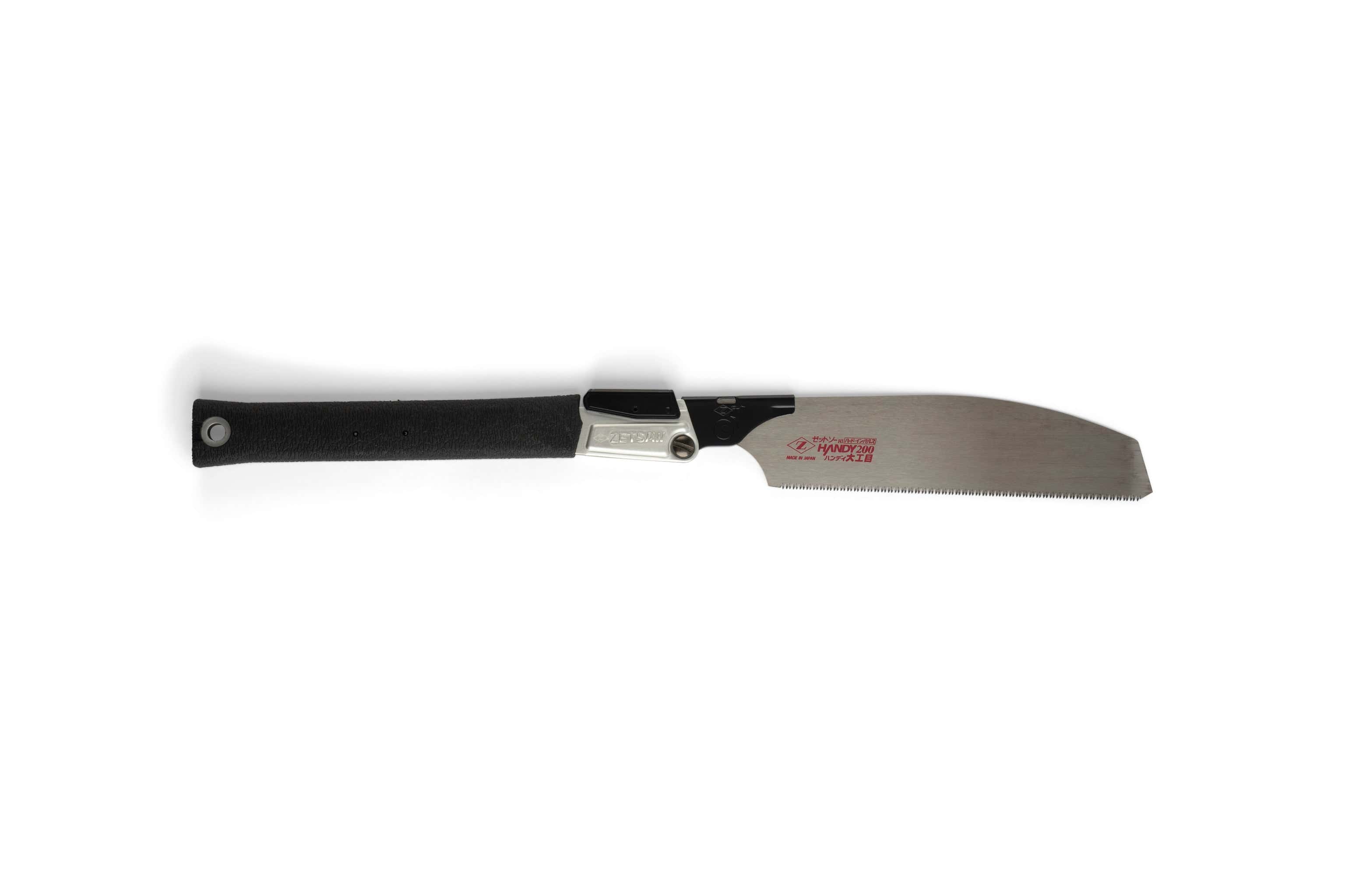 The MARU Z-Saw Folding Japanese Kataba Saw features a black handle and a thin, straight blade with impulse-hardened teeth, shown lying flat on a white background.