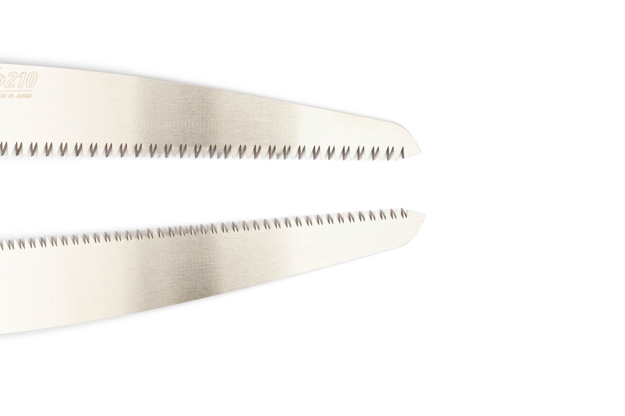 Close-up of the serrated blades of two MARU Z-Saw Tuck-In 210 knives, parallel on a white background, evoking the look of folding saws for outdoor use.