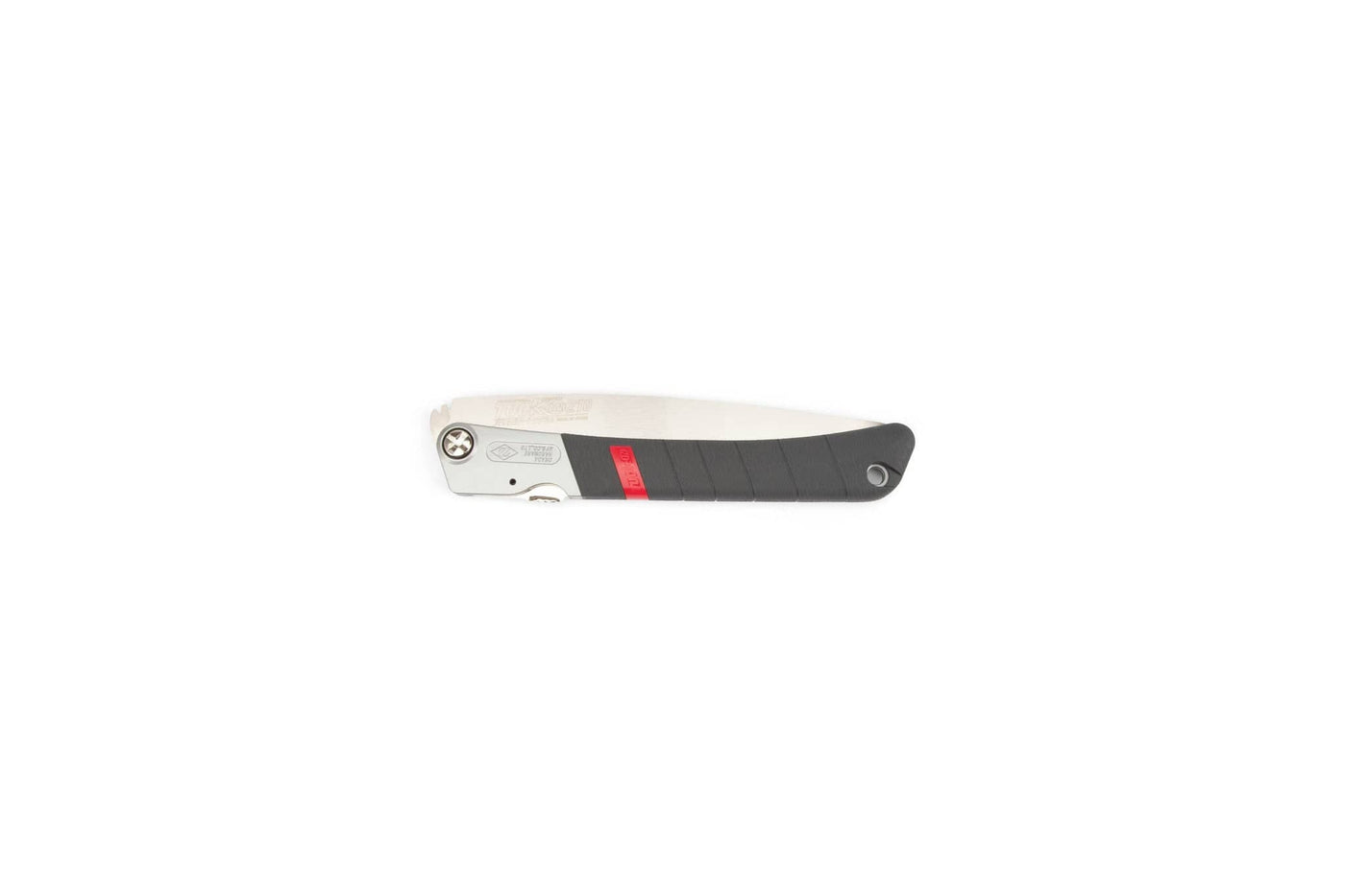 The MARU Z-Saw Tuck-In 210 is a compact folding saw with a silver blade and black handle featuring a red stripe, shown closed on a white background—perfect for quick outdoor pruning tasks.