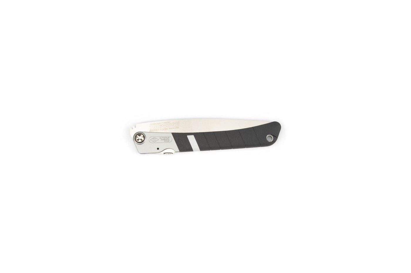 The MARU Z-Saw Tuck-In 210 folding saw, featuring a partially black handle and silver blade, is displayed closed against a white background—perfect for outdoor or pruning tasks.