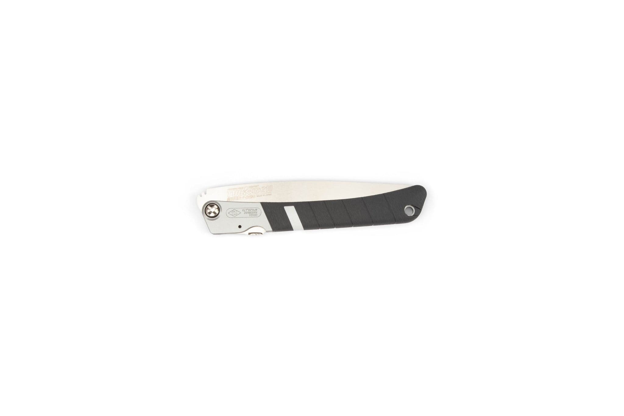 The MARU Z-Saw Tuck-In 210 folding saw, featuring a partially black handle and silver blade, is displayed closed against a white background—perfect for outdoor or pruning tasks.